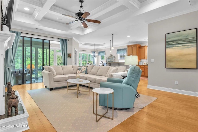 living room with coffered ceiling, crown molding, recessed lighting, light wood-style flooring, and beam ceiling