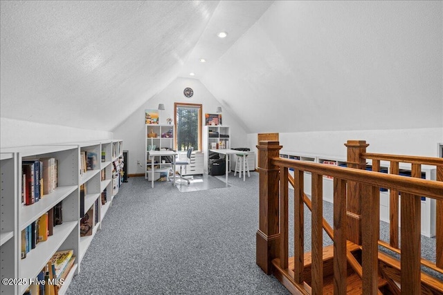 476 Paige Riddick Rd, Gates, NC 27937 - home office featuring vaulted ceiling, carpet flooring, recessed lighting, a textured ceiling, and baseboards