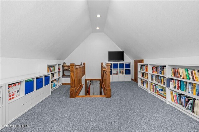 476 Paige Riddick Rd, Gates, NC 27937 - game room featuring built in shelves, carpet floors, lofted ceiling, recessed lighting, and a textured ceiling