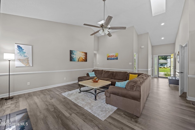 306 Channel Run Dr, New Bern, NC 28562 - living room featuring high vaulted ceiling, wood finished floors, baseboards, a ceiling fan, and recessed lighting