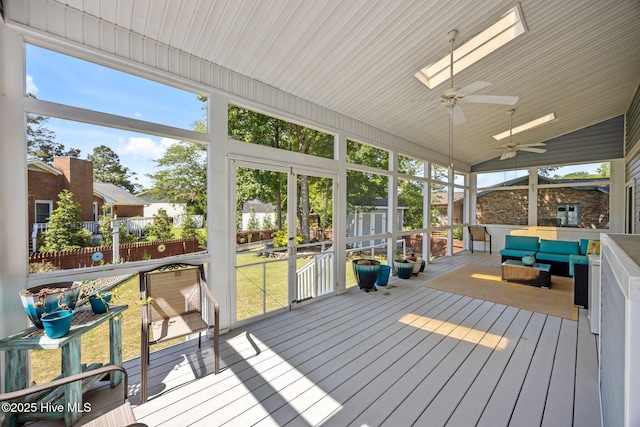 306 Channel Run Dr, New Bern, NC 28562 - unfurnished sunroom featuring an outdoor hangout area, ceiling fan, and a skylight