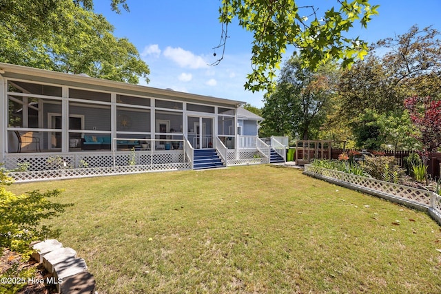 306 Channel Run Dr, New Bern, NC 28562 - back of house with a sunroom, a yard, a wooden deck, and stairs