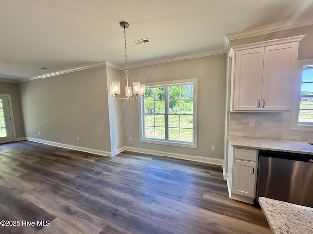 unfurnished dining area with dark wood-style flooring, a chandelier, baseboards, and crown molding