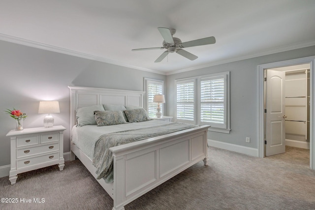 bedroom with light colored carpet, crown molding, baseboards, and ceiling fan