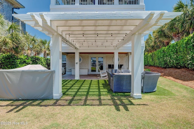 view of patio featuring french doors, a pergola, and an outdoor hangout area