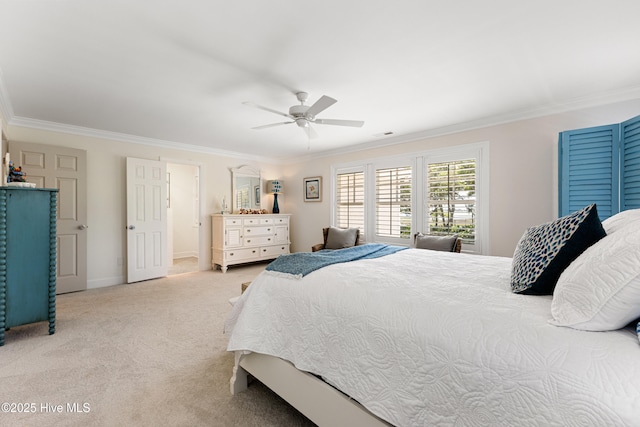 bedroom with crown molding, light carpet, a ceiling fan, and baseboards