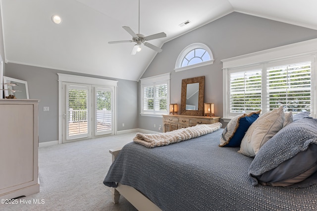 carpeted bedroom featuring access to outside, lofted ceiling, baseboards, and ceiling fan