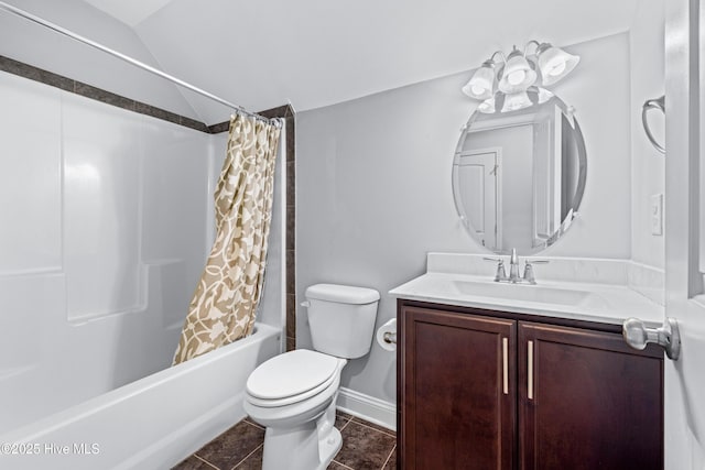 bathroom featuring toilet, vanity, shower / tub combo with curtain, lofted ceiling, and baseboards