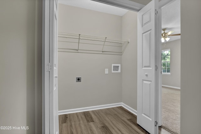 117 Clint Mills Rd, Maysville, NC 28555 - laundry room featuring electric dryer hookup, washer hookup, wood finished floors, and baseboards