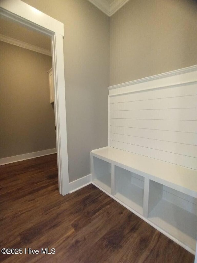 351 Newell Rd, Snow Hill, NC 28580 - mudroom featuring ornamental molding, dark wood-style flooring, and baseboards
