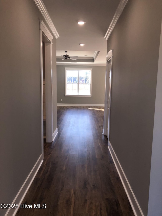 351 Newell Rd, Snow Hill, NC 28580 - corridor featuring dark wood-style floors, ornamental molding, a tray ceiling, baseboards, and recessed lighting