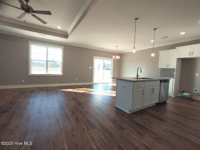 351 Newell Rd, Snow Hill, NC 28580 - kitchen with a sink, stainless steel dishwasher, ornamental molding, open floor plan, and white cabinets