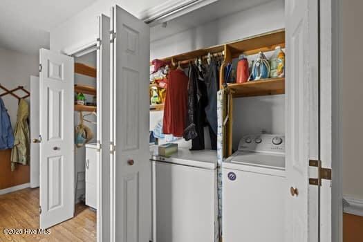 117 Arthur Rd, Beaufort, NC 28516 - laundry room with washer and dryer and light wood-style floors