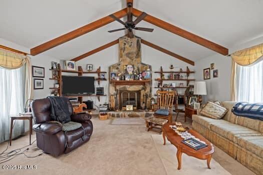 117 Arthur Rd, Beaufort, NC 28516 - carpeted living room featuring ceiling fan and a fireplace