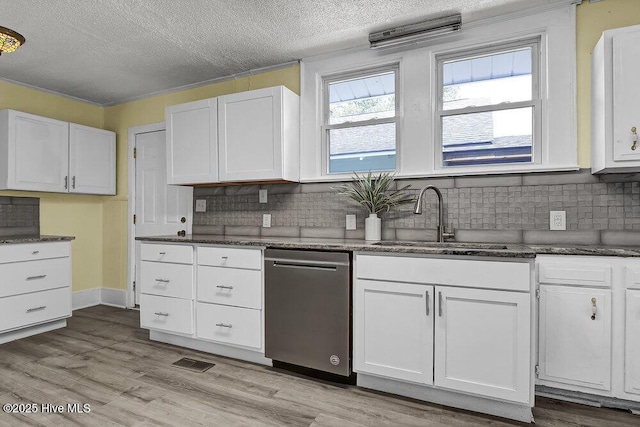 1912 Nun St, Wilmington, NC 28403 - kitchen featuring dishwasher, a sink, a textured ceiling, white cabinets, and tasteful backsplash