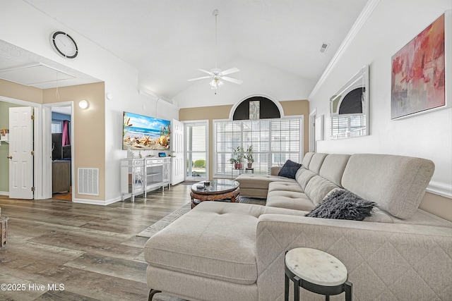 4602 Song Sparrow Ct, Wilmington, NC 28412 - living area with ceiling fan, attic access, wood finished floors, vaulted ceiling, and baseboards