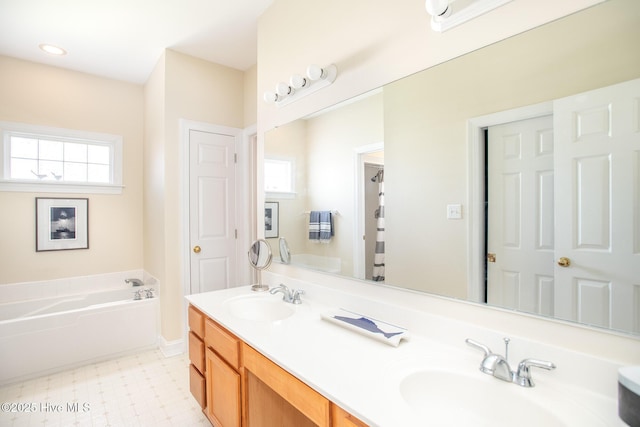 102 Macgregor Dr, Beaufort, NC 28516 - bathroom featuring a bath, tile patterned floors, double vanity, and curtained shower