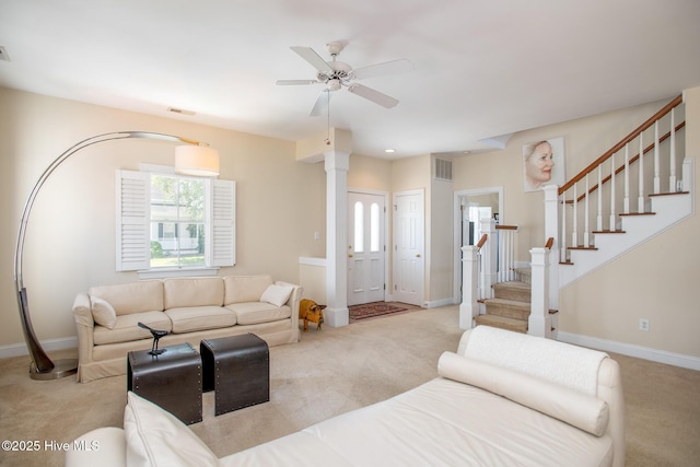 102 Macgregor Dr, Beaufort, NC 28516 - carpeted living area featuring ceiling fan, baseboards, and stairway