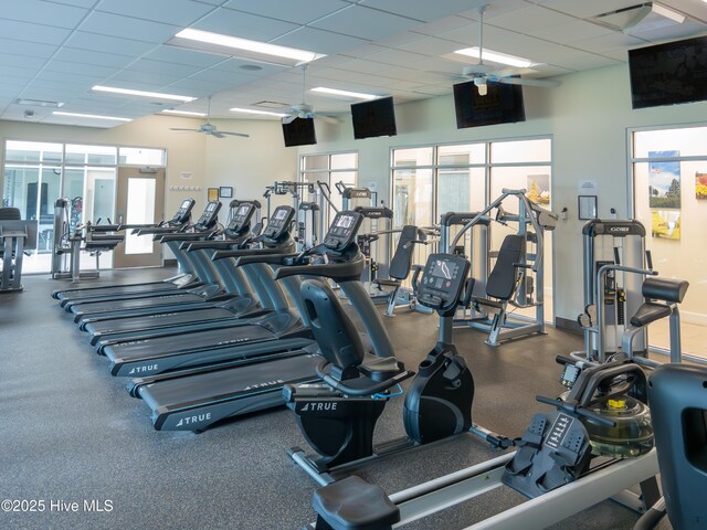 1109 Rollingwood Ct, Leland, NC 28451 - workout area with a paneled ceiling and a ceiling fan