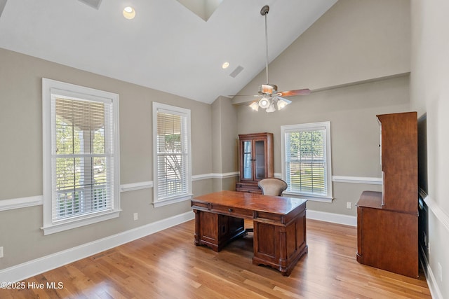 1109 Rollingwood Ct, Leland, NC 28451 - office featuring healthy amount of natural light, ceiling fan, light wood-style flooring, high vaulted ceiling, and recessed lighting
