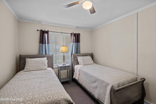 bedroom with ornamental molding, carpet flooring, and a ceiling fan