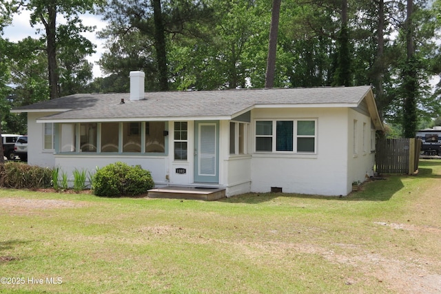 view of front of home featuring a shingled roof, a chimney, and stucco siding