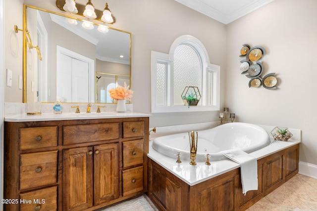full bathroom with crown molding, vanity, a garden tub, and an enclosed shower