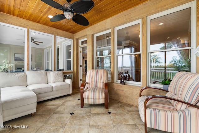 sunroom / solarium with wooden ceiling, tile patterned flooring, and recessed lighting