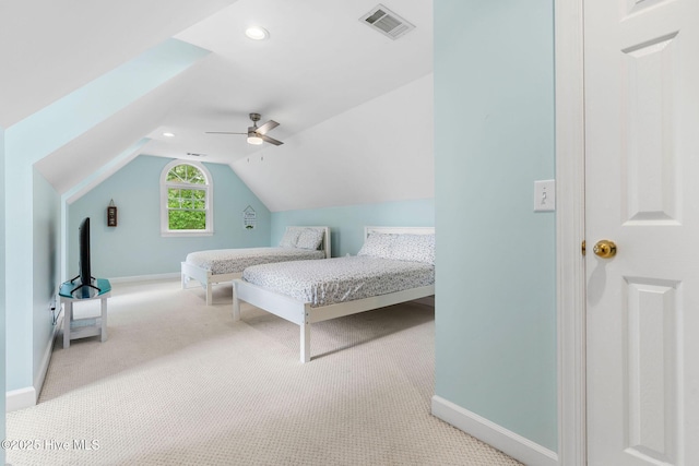 bedroom featuring carpet, baseboards, lofted ceiling, ceiling fan, and recessed lighting