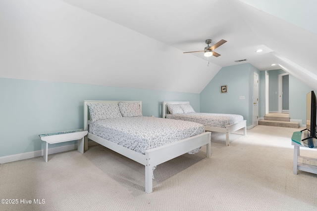 carpeted bedroom with vaulted ceiling, ceiling fan, baseboards, and recessed lighting