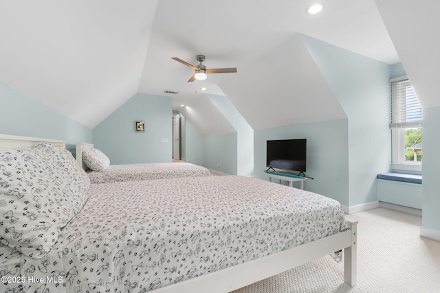 bedroom featuring lofted ceiling, carpet floors, a ceiling fan, baseboards, and recessed lighting