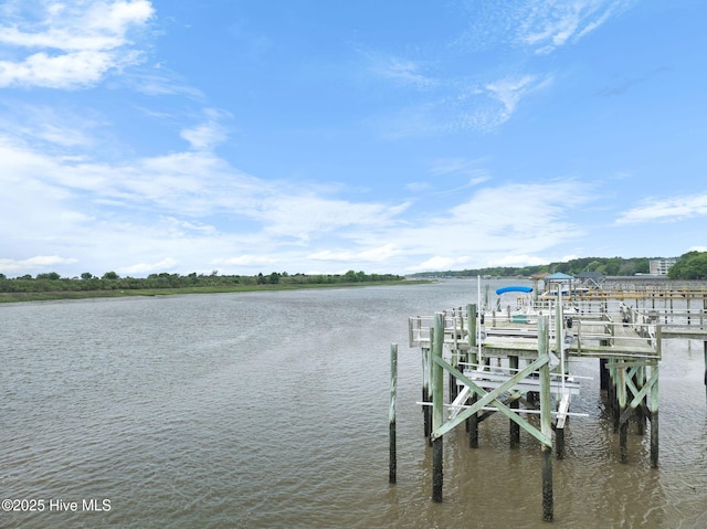 dock area featuring boat lift and a water view
