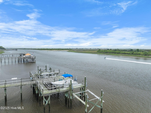 dock area featuring boat lift and a water view