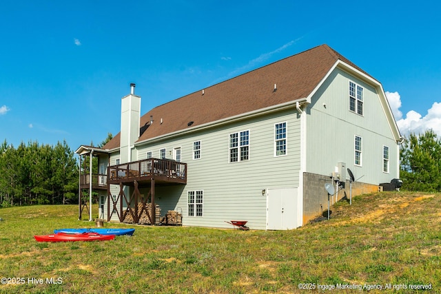 8295 Antioch Church Rd, Middlesex, NC 27557 - rear view of house featuring a deck, a yard, a chimney, and stairs