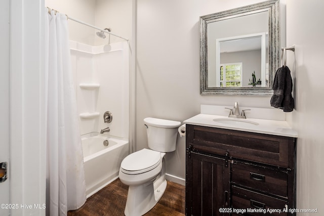8295 Antioch Church Rd, Middlesex, NC 27557 - full bathroom featuring wood finished floors, toilet, vanity, baseboards, and shower / bath combination with curtain