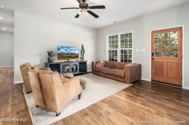 8295 Antioch Church Rd, Middlesex, NC 27557 - living area featuring wood finished floors, ceiling fan, baseboards, and recessed lighting
