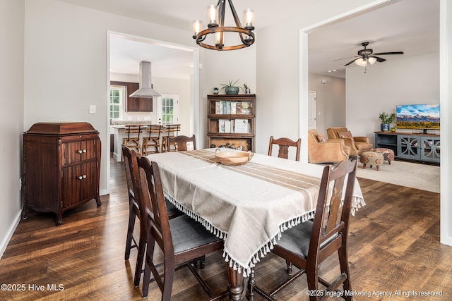 8295 Antioch Church Rd, Middlesex, NC 27557 - dining room with dark wood finished floors, a chandelier, a ceiling fan, and baseboards