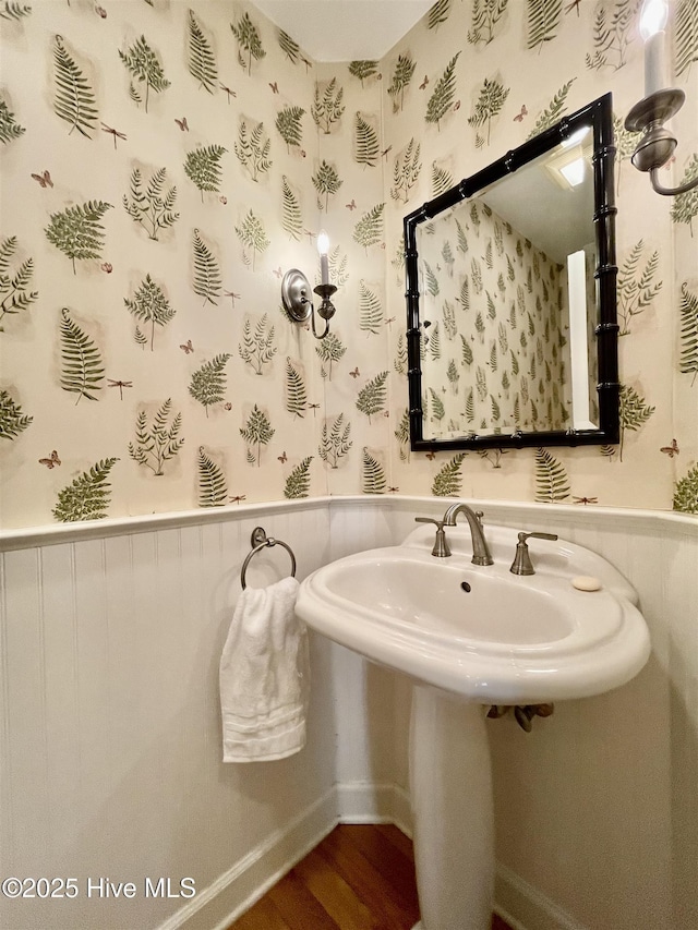 50 Short Rd, Pinehurst, NC 28374 - bathroom featuring wood finished floors, wallpapered walls, and wainscoting