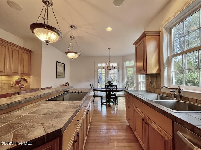 50 Short Rd, Pinehurst, NC 28374 - kitchen featuring black electric stovetop, hanging light fixtures, backsplash, a chandelier, and light wood-style floors