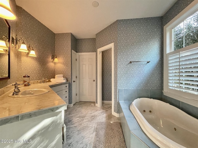 50 Short Rd, Pinehurst, NC 28374 - bathroom featuring wallpapered walls, healthy amount of natural light, vanity, a tub with jets, and marble finish flooring