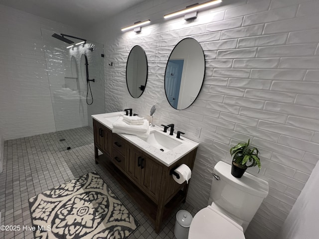 50 Short Rd, Pinehurst, NC 28374 - full bathroom with double vanity, walk in shower, tile walls, tile patterned floors, and decorative backsplash