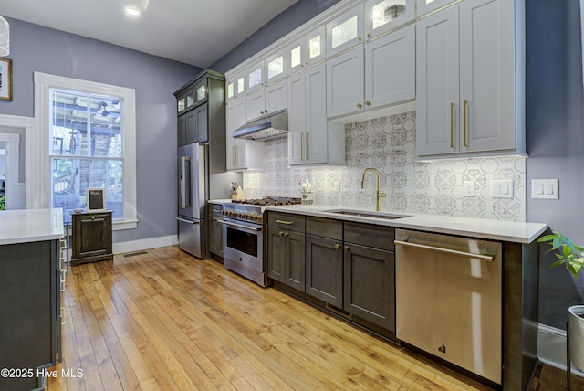 kitchen with high end appliances, a sink, light countertops, decorative backsplash, and under cabinet range hood
