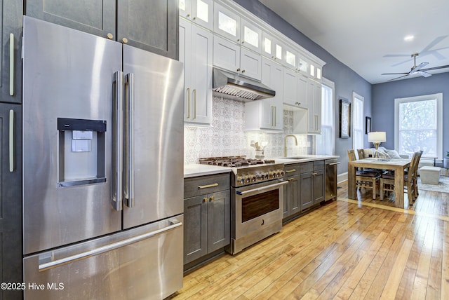 kitchen with stainless steel appliances, under cabinet range hood, light wood finished floors, light countertops, and tasteful backsplash