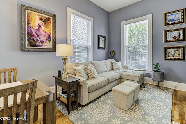 living room featuring wood finished floors, healthy amount of natural light, and baseboards