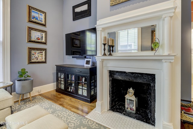 living room with wood finished floors, a high end fireplace, and baseboards
