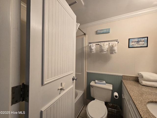 602 W Fort Macon Rd W Unit 138, Atlantic Beach, NC 28512 - full bath with a wainscoted wall, toilet, vanity, ornamental molding, and tub / shower combination