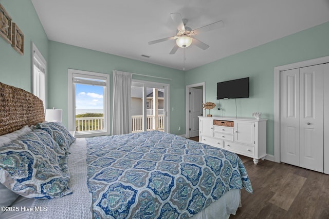 130 N Permuda Wynd Dr, North Topsail Beach, NC 28460 - bedroom with dark wood finished floors, ceiling fan, baseboards, and access to outside