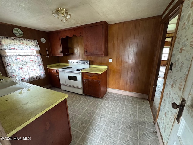kitchen with white electric range, light countertops, plenty of natural light, a sink, and wood walls