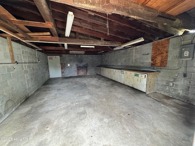 basement with concrete block wall and electric panel