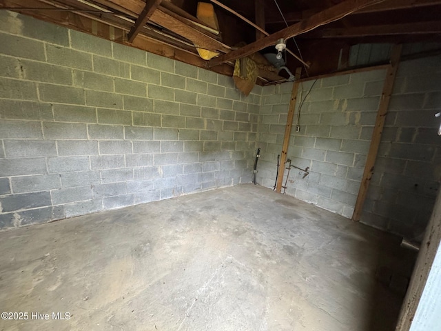 below grade area featuring concrete block wall